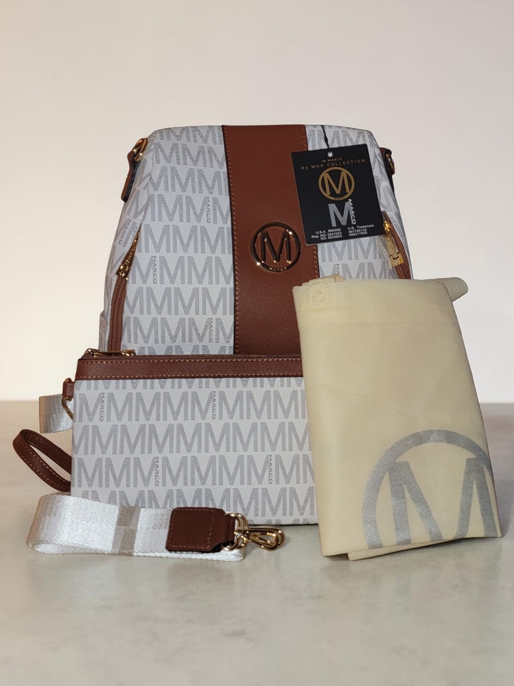 M Marco MKP Collection Monogram Backpack in White & Brown